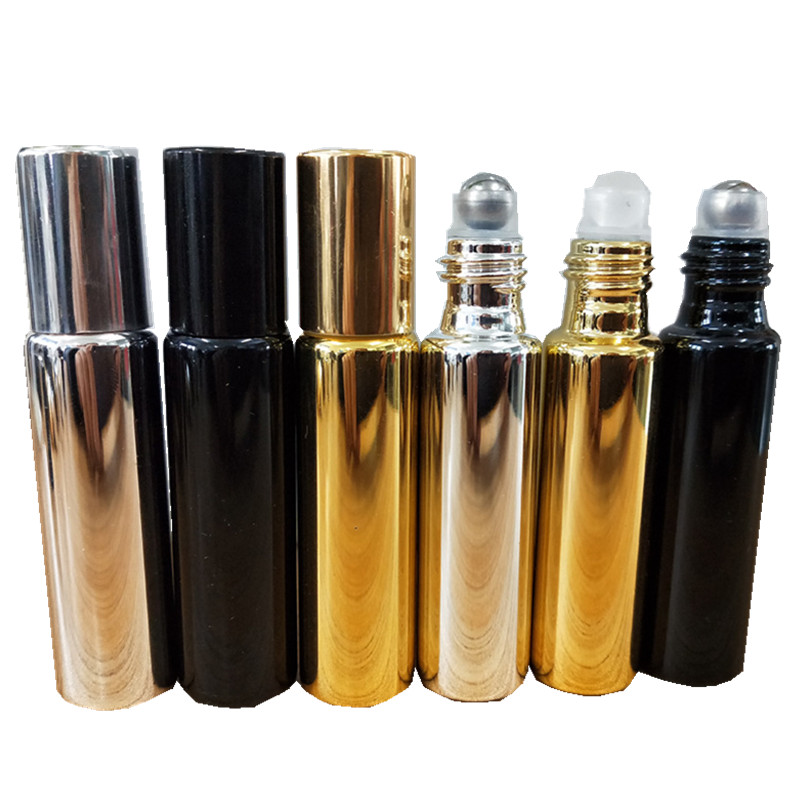 5ML 10ML Silver Gold Black Roll On Glass Perfume Bottle UV Cover Bottle Electroplate UV Bottle With Ball and Cap