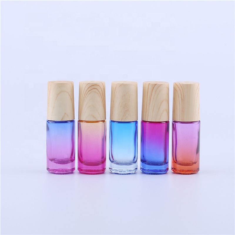 5ML Gradient Color Thick Glass Roller Essential Oil Empty Parfum Bottles with Water transfer Printing Wood Grain Plastic Cover