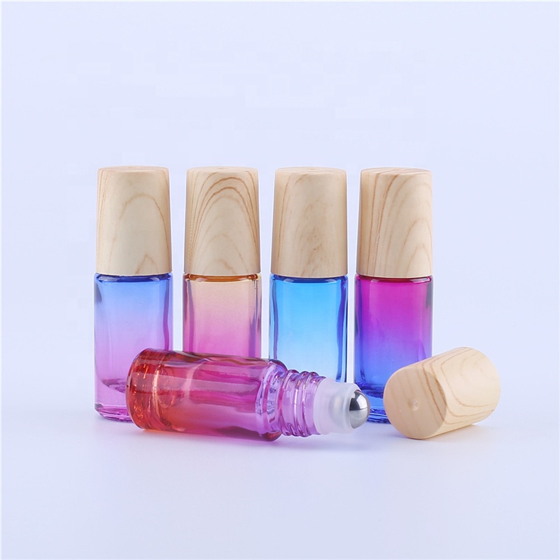 5ML Gradient Color Thick Glass Roller Essential Oil Empty Parfum Bottles with Water transfer Printing Wood Grain Plastic Cover