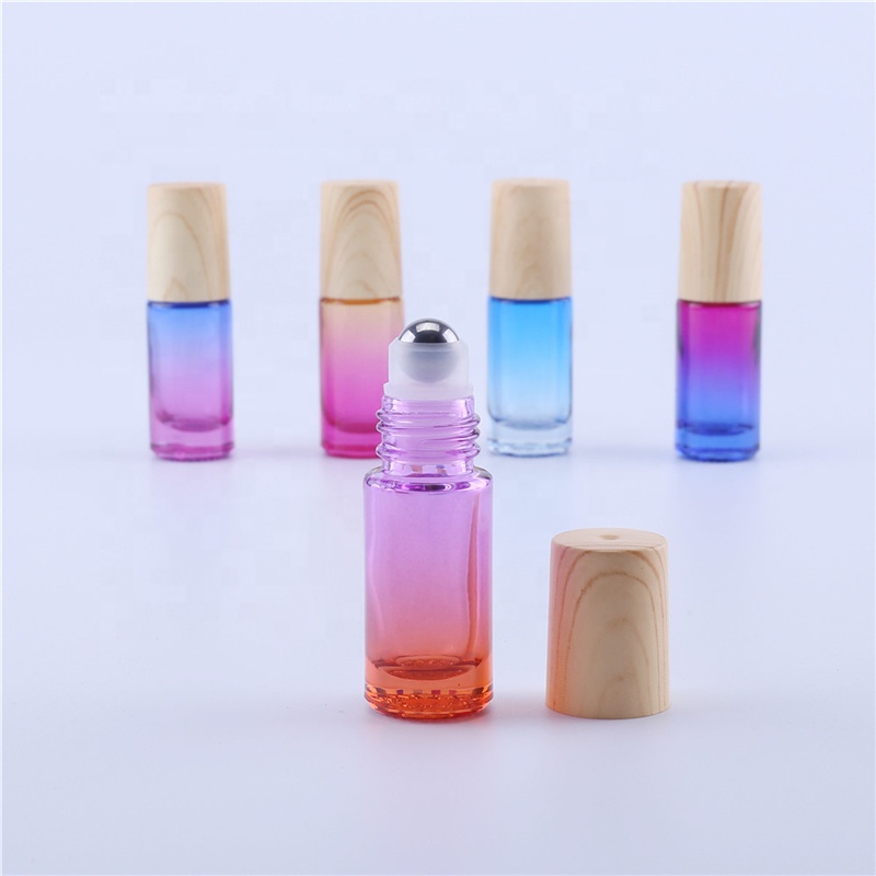 5ML Gradient Color Thick Glass Roller Essential Oil Empty Parfum Bottles with Water transfer Printing Wood Grain Plastic Cover