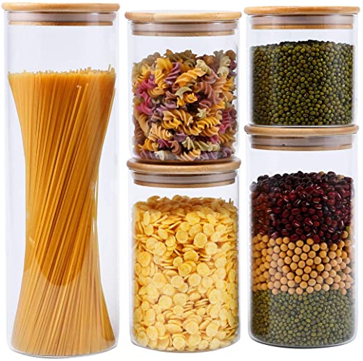 5Pcs Set Clear BPA-Free Airtight  Glass Jars Canisters With Wood  Lids For Home Kitchen Storage