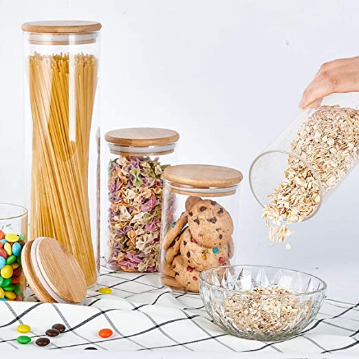 5Pcs Set Clear BPA-Free Airtight Glass Jars Canisters With Wood Lids For Home Kitchen Storage