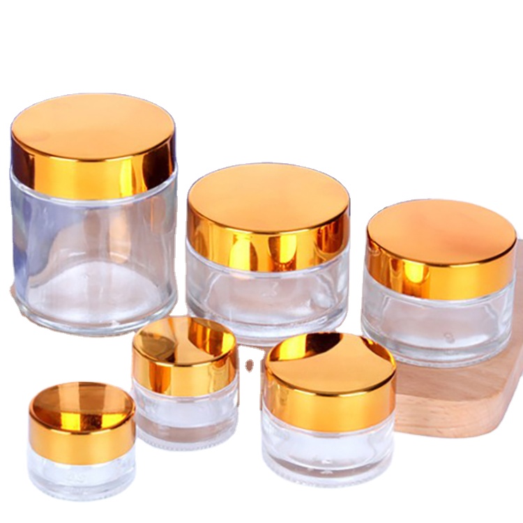 5g 10g 15g 20g 30g 50g 100g clear cosmetic container cream glass jar with shiny gold aluminum cap for cosmetic jar