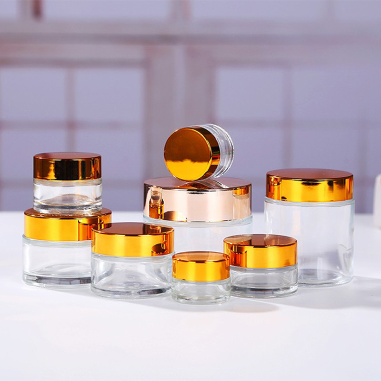 5g 10g 15g 20g 30g 50g 100g clear cosmetic container cream glass jar with shiny gold aluminum cap for cosmetic jar