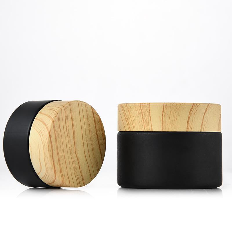 5g 10g 15g 20g 30g 50g Luxury Black Frosted Glass  Cosmetic Cream Jar Cosmetic Packaging with Environmentally Friendly Wood Lid