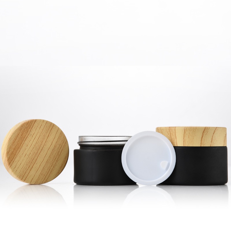 5g 10g 15g 20g 30g 50g Luxury Black Frosted Glass Cosmetic Cream Jar Cosmetic Packaging with Environmentally Friendly Wood Lid