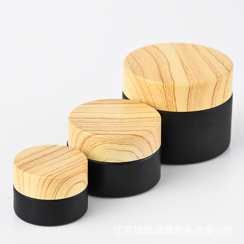 5g 10g 15g 20g 30g 50g Luxury Black Frosted Glass Cosmetic Cream Jar Cosmetic Packaging with Environmentally Friendly Wood Lid