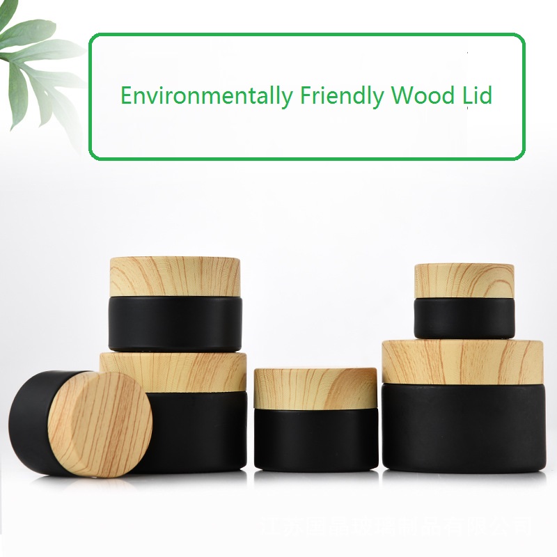 5g 10g 15g 20g 30g 50g Luxury Black Frosted Glass Cosmetic Cream Jar Cosmetic Packaging with Environmentally Friendly Wood Lid