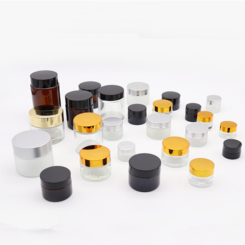 5g 10g 15g 20g 30g 50g clear frosted amber green blue glass cream jar with UV silver gold lids