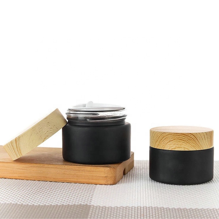 5g/10g/15g/20g/30g/50g round matte black frosted glass cream jars with bamboo lid cosmetic containers jars