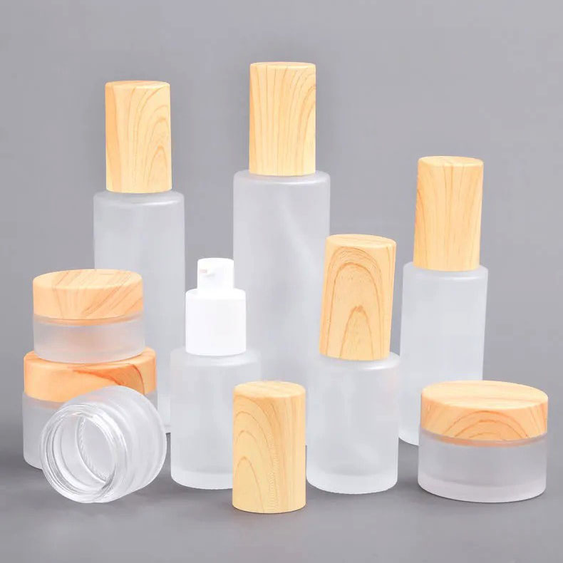 5g 10g 15g 30g 50g 100g Frosted Glass Cosmetic Jar Cream Container With Wood Grain Lid For Face Cream Lotion Balm