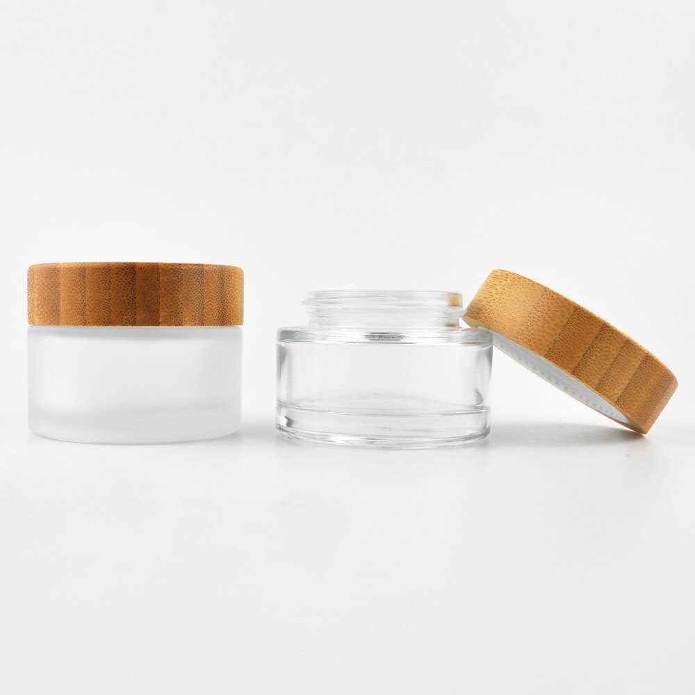 5g 10g 15g 30g 50g 100g clear frosted glass jar real bamboo lid with plastic inner bamboo cream