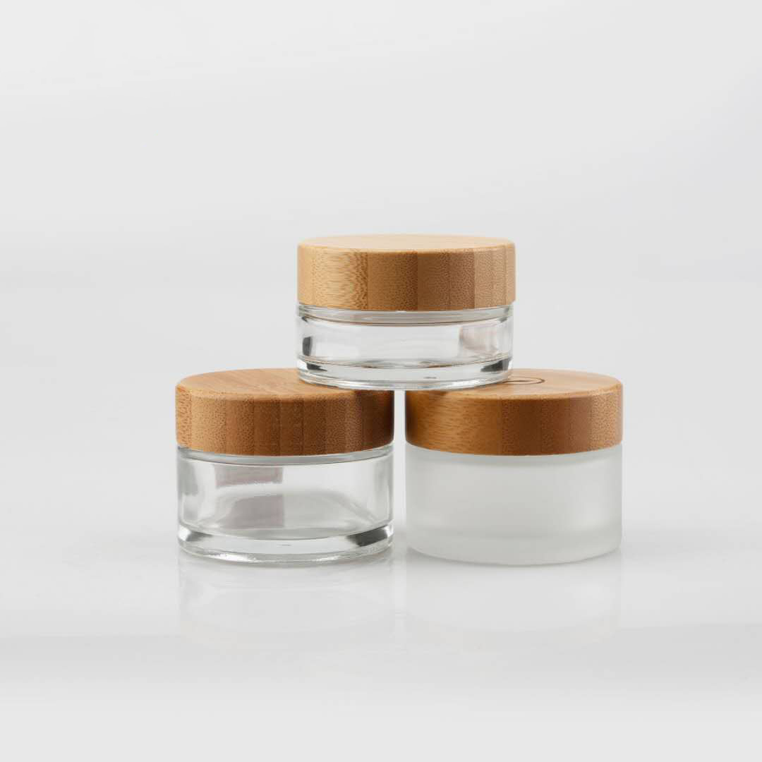 5g 10g 15g 30g 50g 100g clear frosted glass jar real bamboo lid with plastic inner bamboo cream