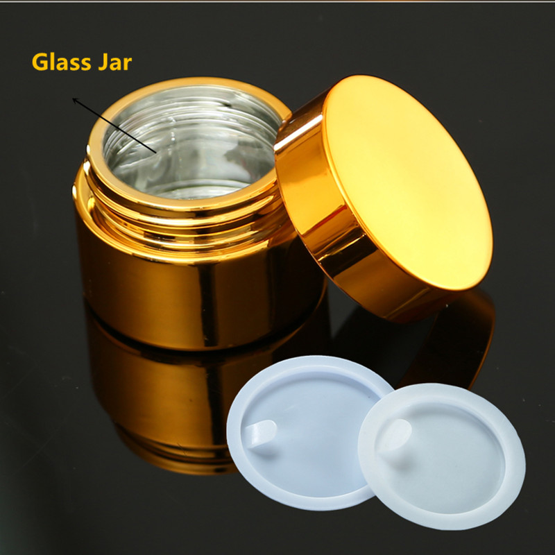 5g 10g 30g 50g Empty UV Plating Golden Silver Glass Cosmetic Container,Refillable Cosmetic Pot Jar With Lid