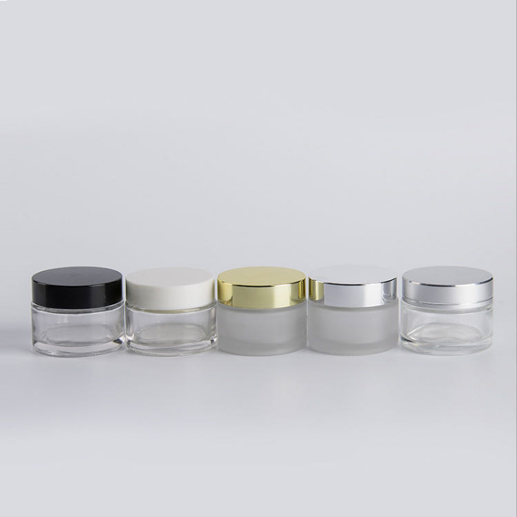 5g 15g 30g 50g 100ml Cosmetic clear amber glass jar for facial cream with black cap / empty glass jar with gold silver lid