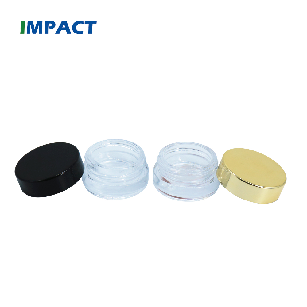 5g cosmetic mini round shape transparent glass jar packaging with black gold caps