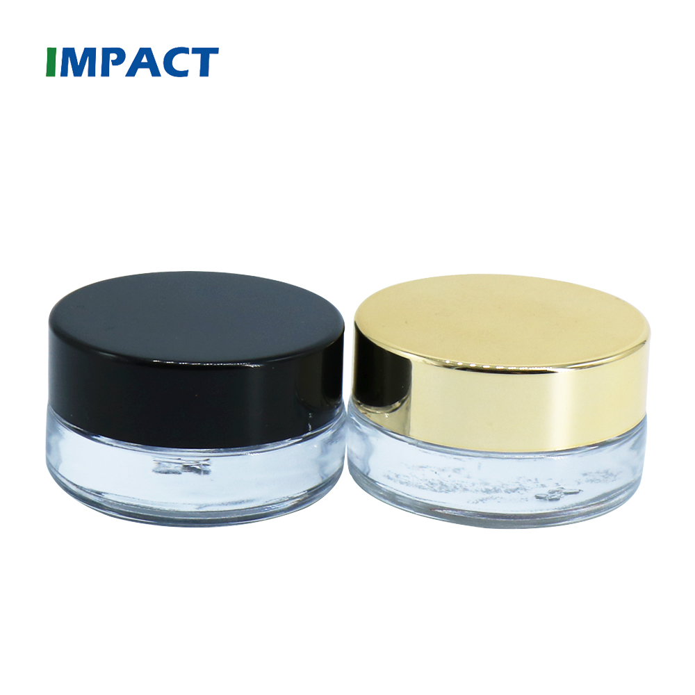5g cosmetic mini round shape transparent glass jar packaging with black gold caps