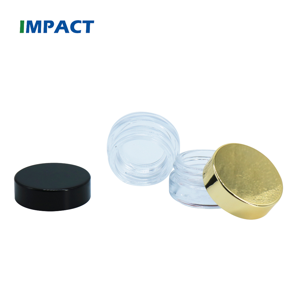 5g cosmetic mini round shape transparent glass jar packaging with black gold caps