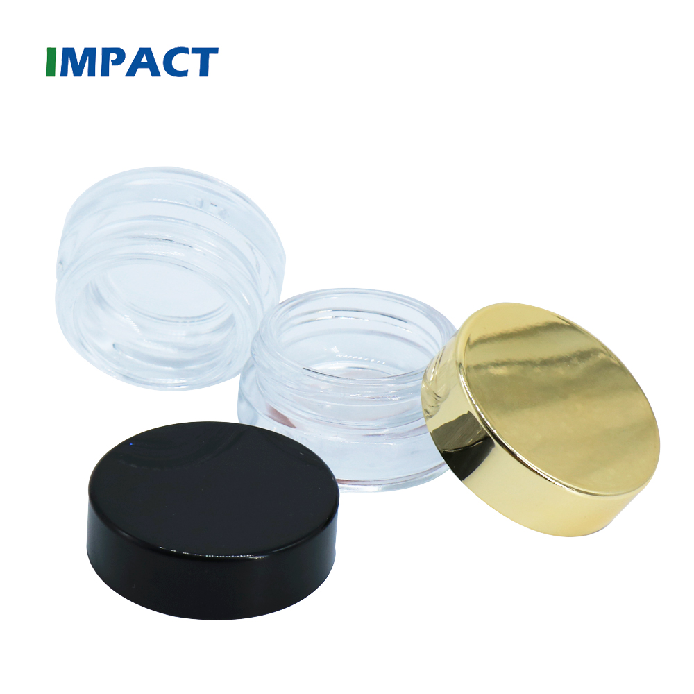 5g cosmetic mini round shape transparent glass jar packaging with black gold caps