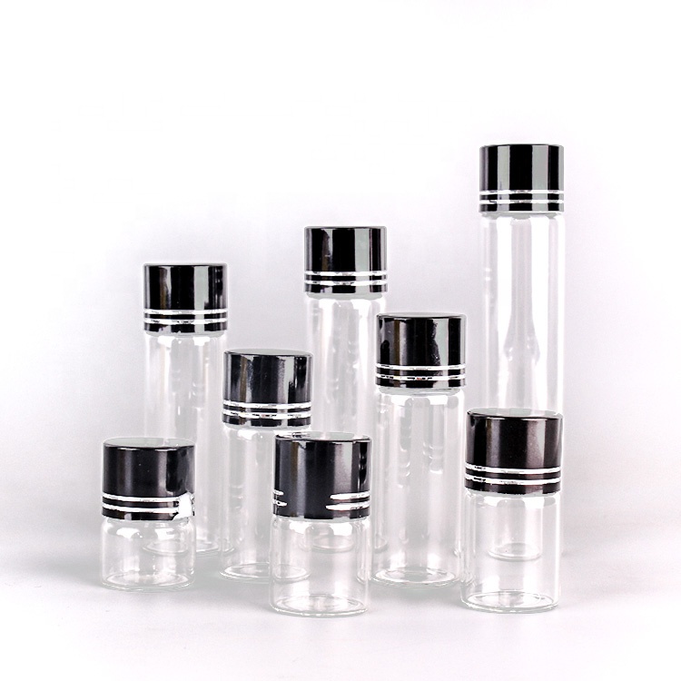 5ml 10ml 15ml 20ml 25ml clear tube vial glass storage bottle with black screw cap