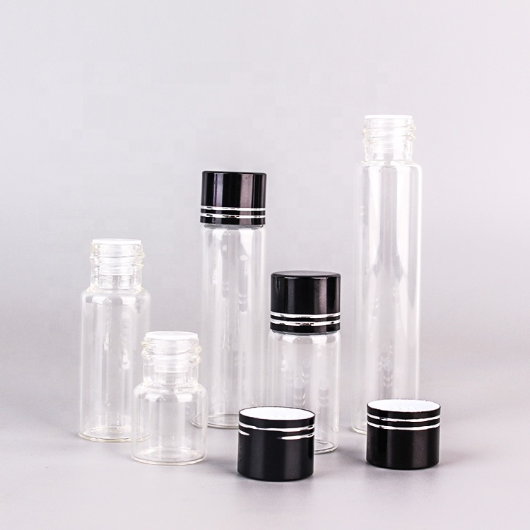 5ml 10ml 15ml 20ml 25ml clear tube vial glass storage bottle with black screw cap