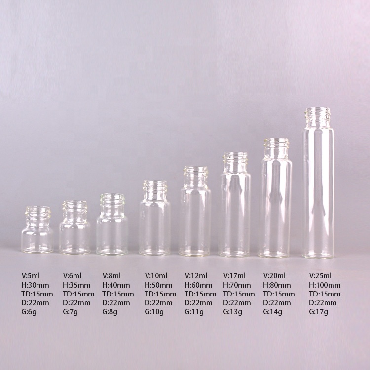 5ml 10ml 15ml 20ml 25ml clear tube vial glass storage bottle with black screw cap