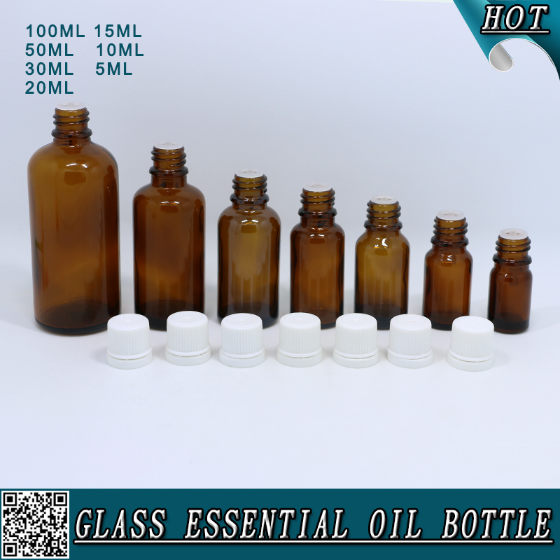 5ml 10ml 15ml 20ml 30ml 50ml 100ml Amber Brown Glass Essential Oil Bottle with Plastic tamper evident cap dropper