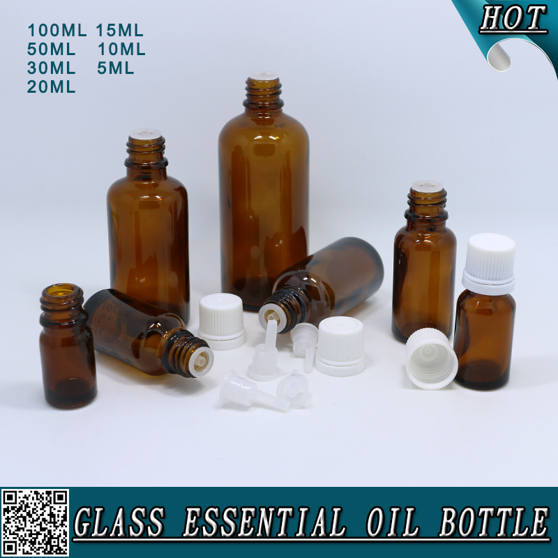5ml 10ml 15ml 20ml 30ml 50ml 100ml Amber Brown Glass Essential Oil Bottle with Plastic tamper evident cap dropper