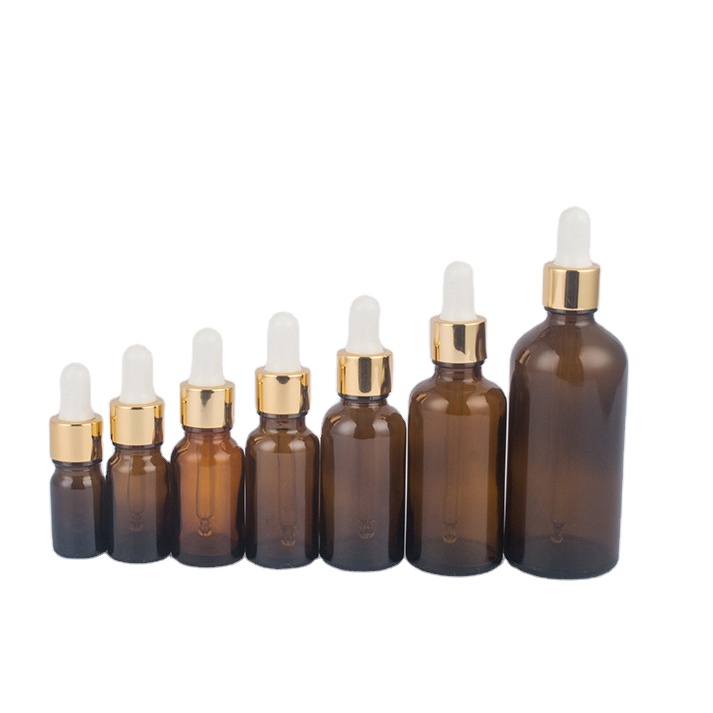 5ml 10ml 15ml 20ml 30ml 50ml 100ml Amber Oil Glass Dropper Bottle with Gold Dropper lids