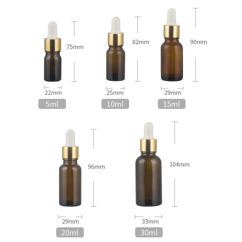 5ml 10ml 15ml 20ml 30ml 50ml 100ml Amber Oil Glass Dropper Bottle with Gold Dropper lids