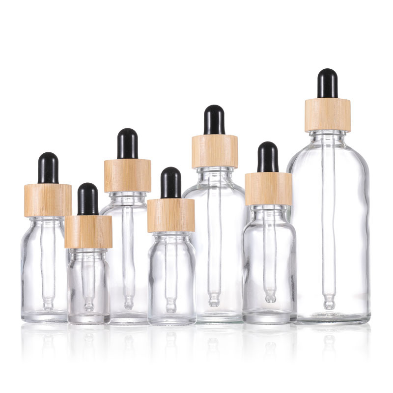 5ml 10ml 15ml 20ml 30ml 50ml 100ml Bamboo Dropper Cap Glass Clear Essential Oil Glass Bottles