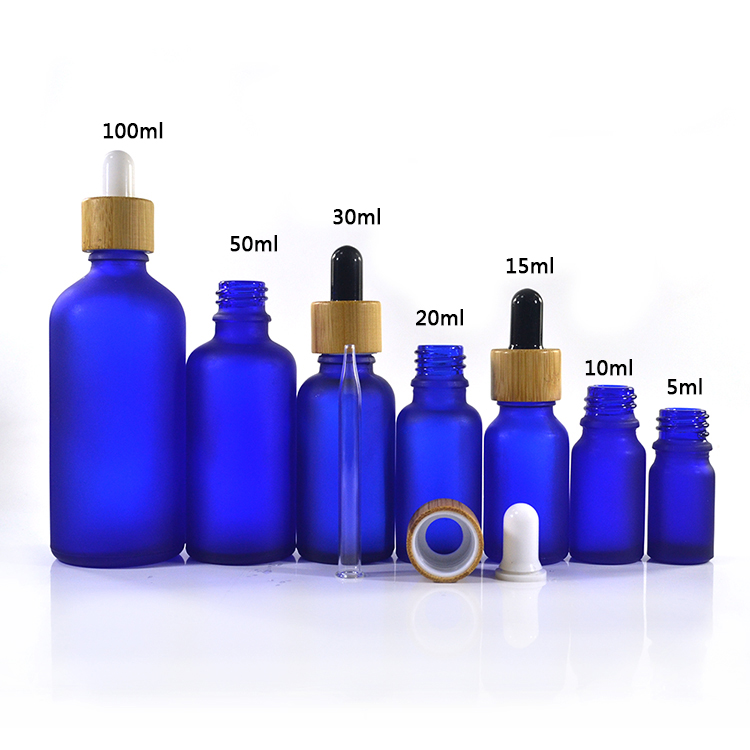 5ml 10ml 15ml 20ml 30ml 50ml 100ml Cosmetic essential olive oil Frosted Blue glass dropper bottle with bamboo cap