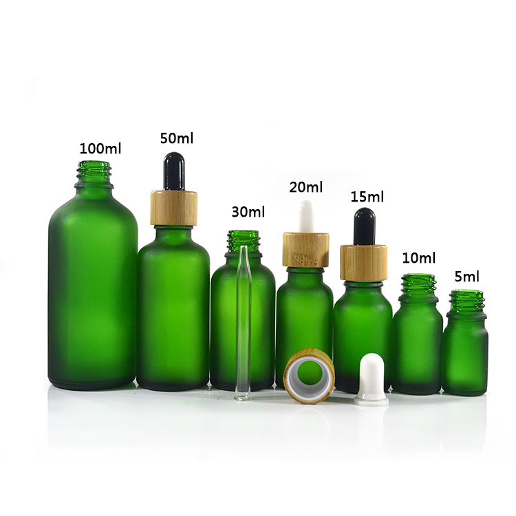 5ml 10ml 15ml 20ml 30ml 50ml 100ml Frosted green glass dropper bottle with bamboo cap and rubber pipette for cosmetic oil