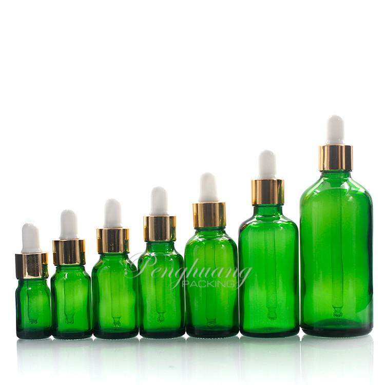 5ml 10ml 15ml 20ml 30ml 50ml 100ml Green Glass Essential Oil Bottels, Oil Container With Gold Aluminum Cap