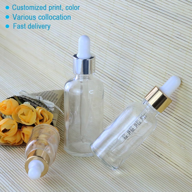 5ml 10ml 15ml 20ml 30ml 50ml 100ml Luxury Rose Gold Cap Essential Oil Cosmetic Clear Glass Aluminum Dropper Bottle (GRC03)
