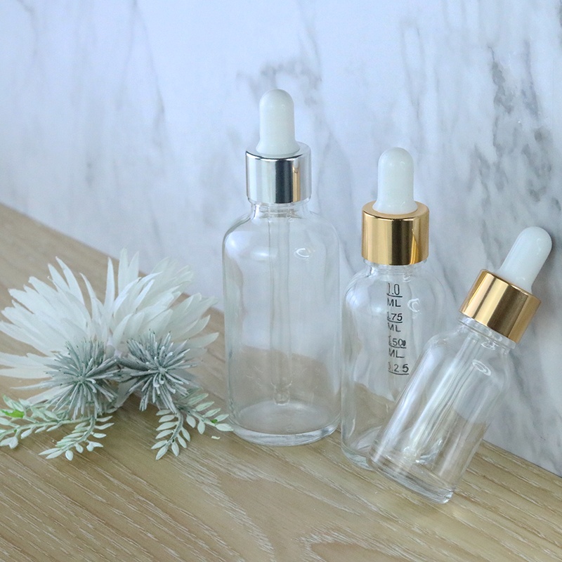 5ml 10ml 15ml 20ml 30ml 50ml 100ml Luxury Rose Gold Cap Essential Oil Cosmetic Clear Glass Aluminum Dropper Bottle (GRC03)