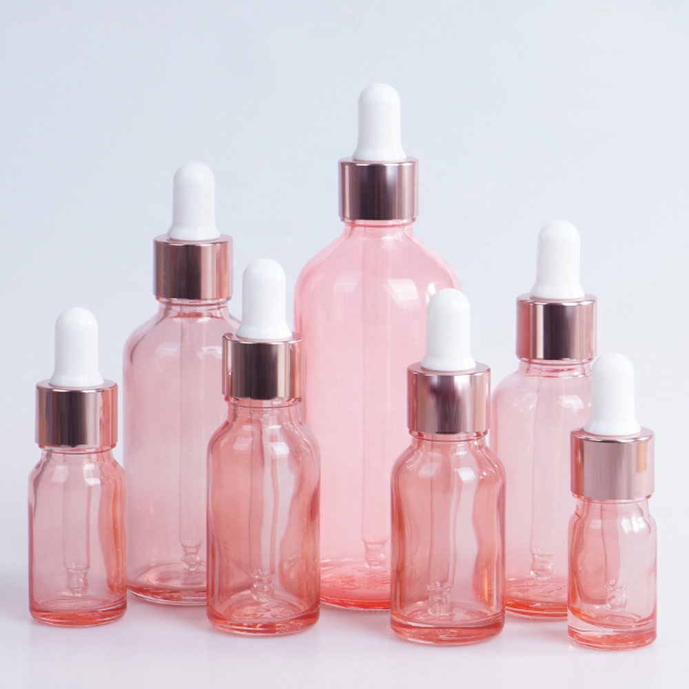 5ml 10ml 15ml 20ml 30ml 50ml 100ml Pink Glass Dropper Bottle For Essential Oil With Rose Gold Ring Dropper Cap