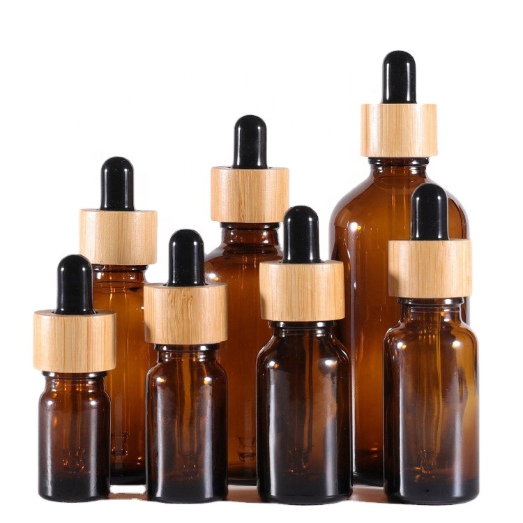 5ml,10ml,15ml,20ml,30ml,50ml,100ml amber essential oil bottle serum dropper glass bottle with bamboo lid