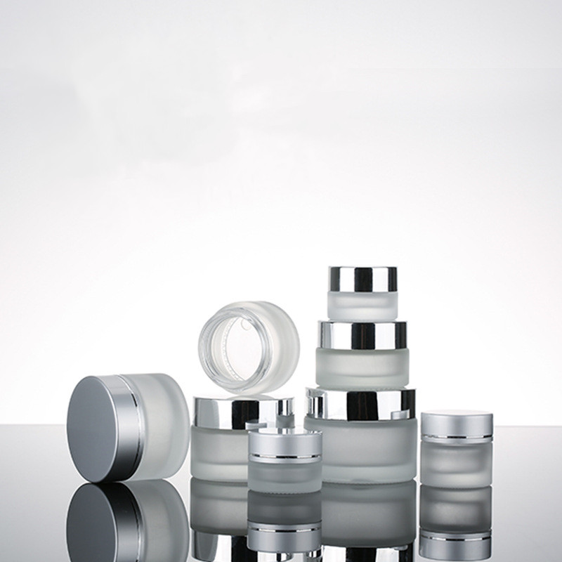 5ml 10ml 15ml 20ml 30ml 50ml 100ml clear frosted glass cosmetic cream jar with inner cap silver lid