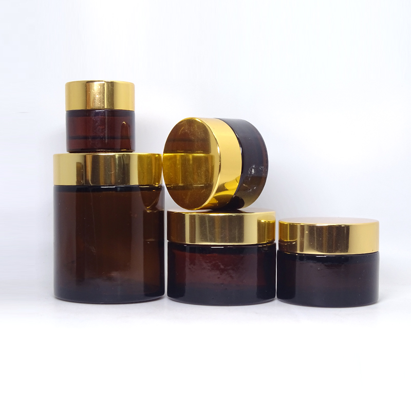 5ml 10ml 15ml 20ml 30ml 50ml 100ml cosmetic cream container amber glass jar with gold silver black white lids