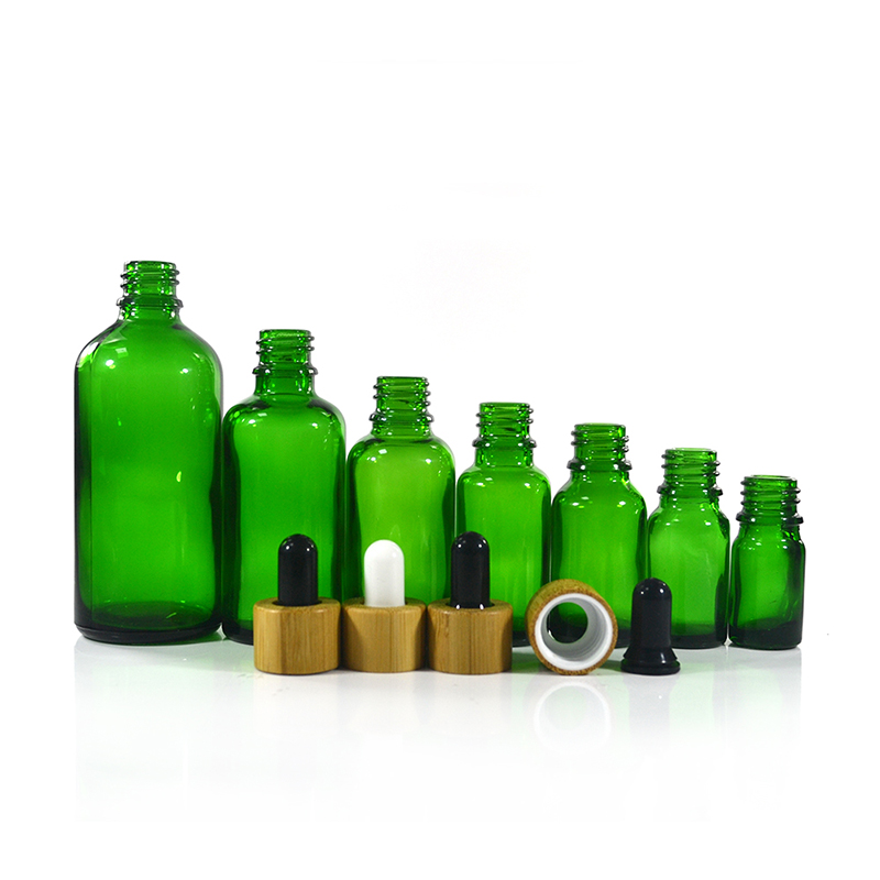 5ml 10ml 15ml 20ml 30ml 50ml 100ml customized essential oil green glass dropper bottle with bamboo cap