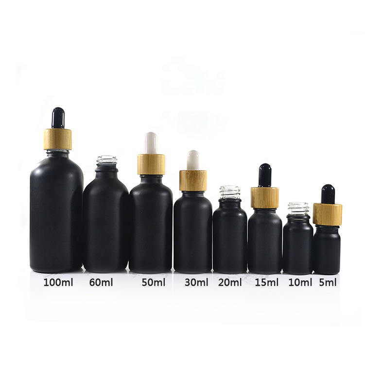 5ml 10ml 15ml 20ml 30ml 50ml 100ml essential oil matte frosted black glass bottle with bamboo dropper cap