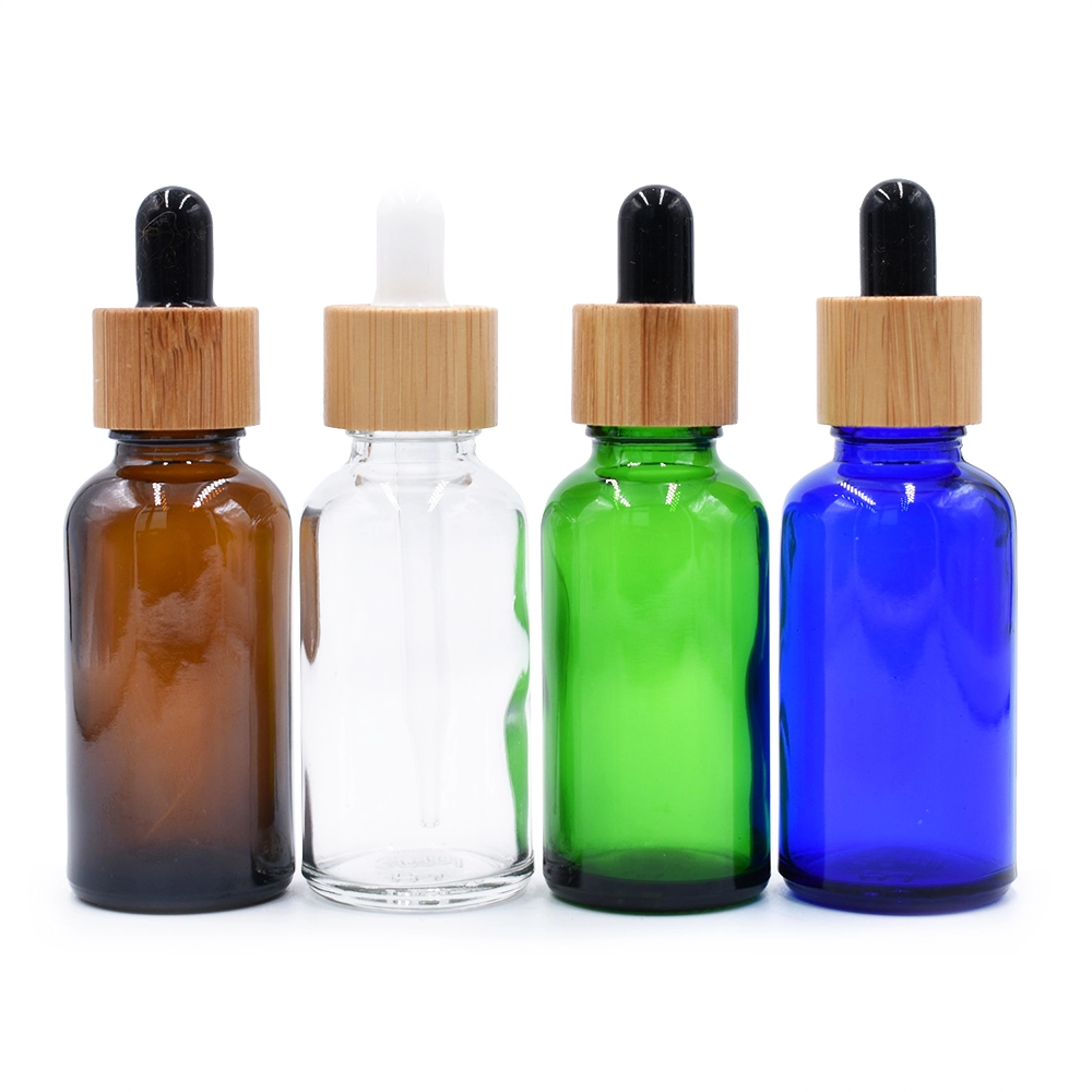 5ml 10ml 15ml 20ml 30ml 50ml 100ml frosted green blue amber clear essential oil glass dropper bottle with bamboo lid
