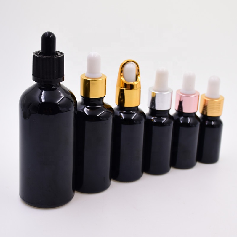5ml 10ml 15ml 20ml 30ml 50ml 100ml glossy black glass essential oil bottle cosmetic serum with dropper aluminum child proof cap