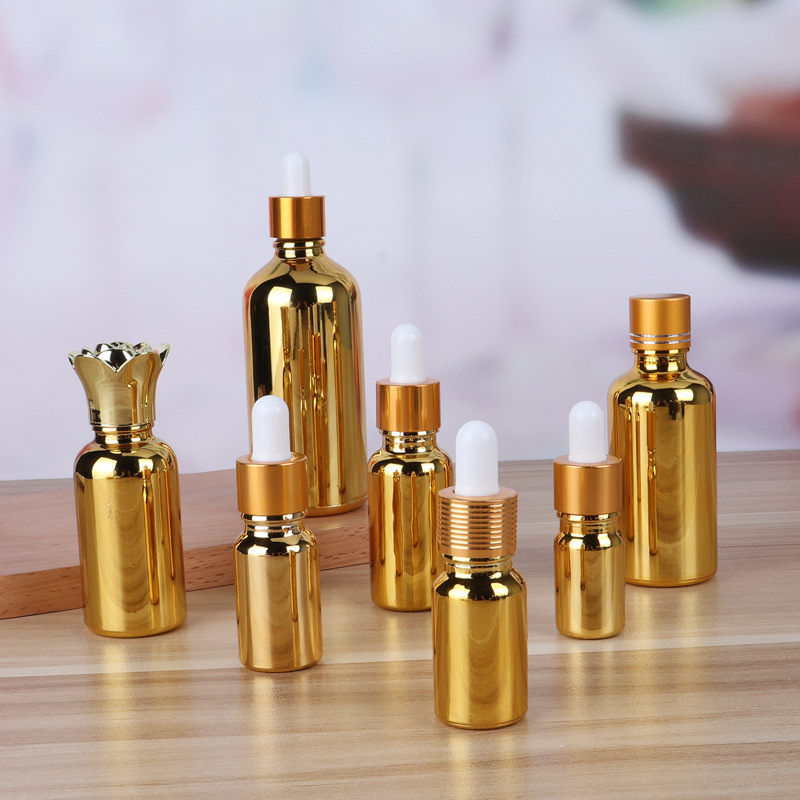 5ml 10ml 15ml 20ml 30ml 50ml 100ml shiny electroplate gold glass dropper bottles for Essential oil