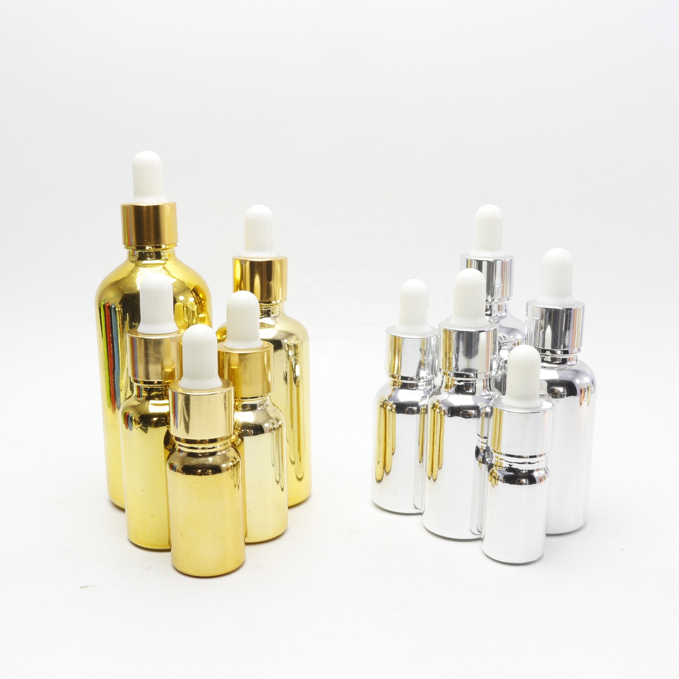 5ml 10ml 15ml 20ml 30ml 50ml 100ml shiny electroplate silver glass rose gold dropper bottles for Essential oil GB150E