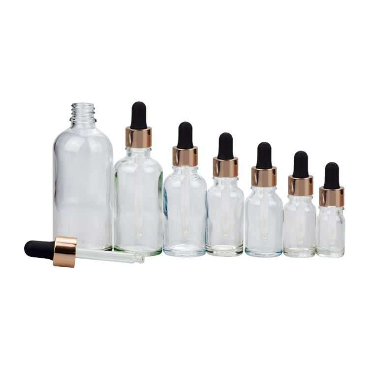 5ml 10ml 15ml 20ml 30ml 50ml 100ml skin care transparent glass dropper bottle with rose gold dropper