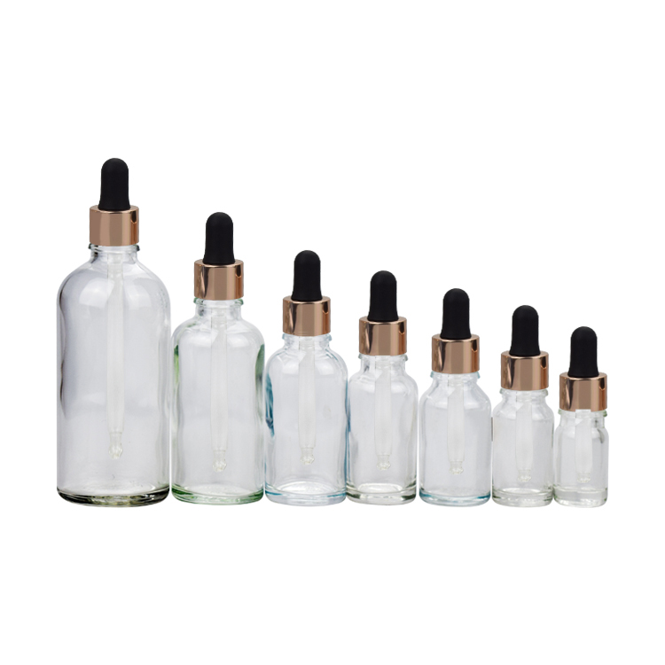 5ml 10ml 15ml 20ml 30ml 50ml 100ml skin care transparent glass dropper bottle with rose gold dropper