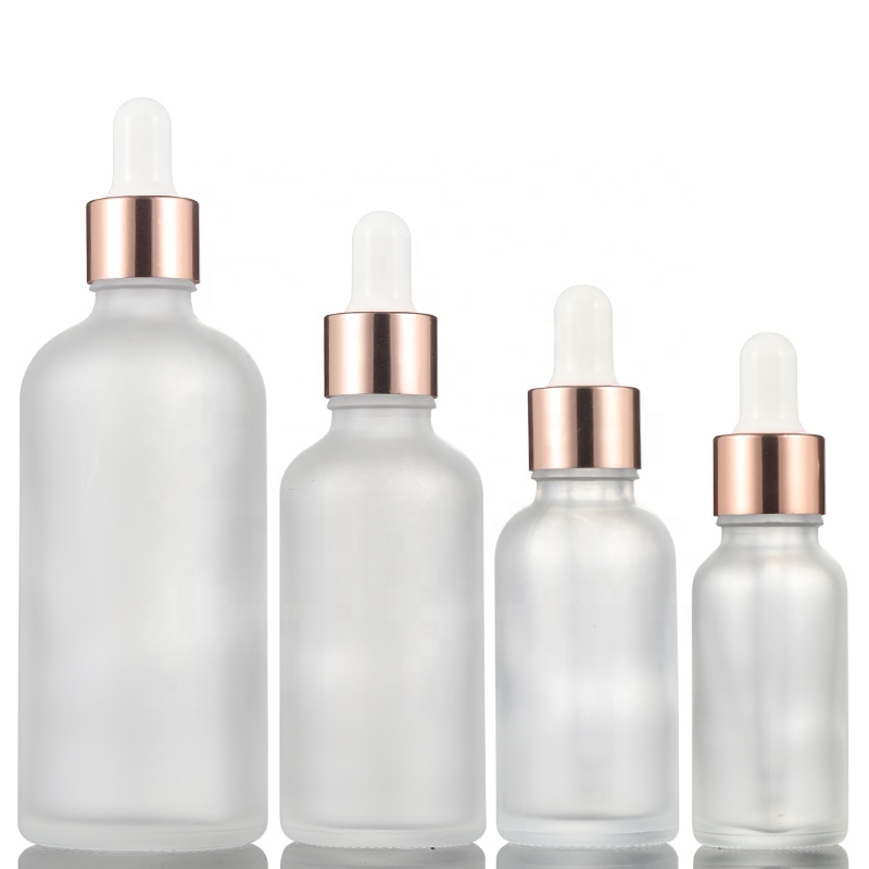 5ml 10ml 15ml 20ml 30ml 50ml 100ml transparent matte glass dropper bottle with rose gold aluminum lid for serum essential oil