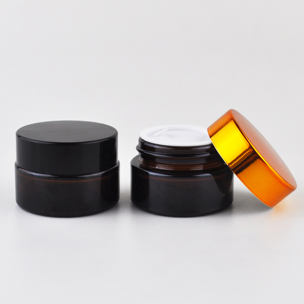 5ml 10ml 15ml 20ml 30ml 50ml 60ml 100ml Round amber glass cosmetic cream jar with black plastic cap